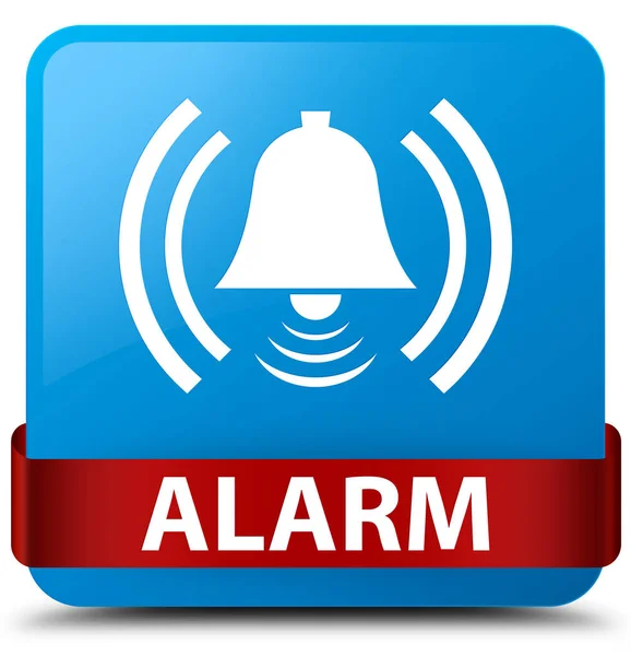 Alarm (harang ikon) cián kék négyzet gomb piros szalag közepén — Stock Fotó