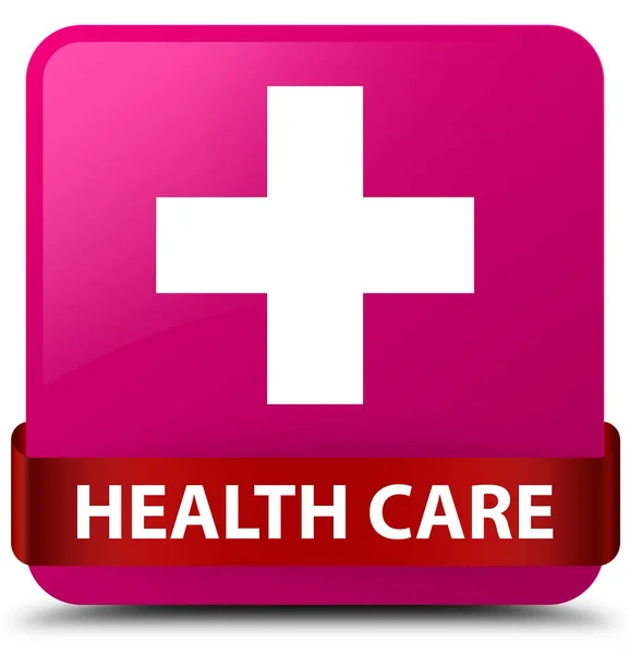 Health care (plus sign) pink square button red ribbon in middle — Stock Photo, Image