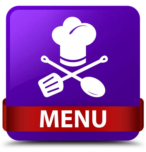 Menu (restaurant pictogram) paarse vierkante knop rood lint in Midden — Stockfoto