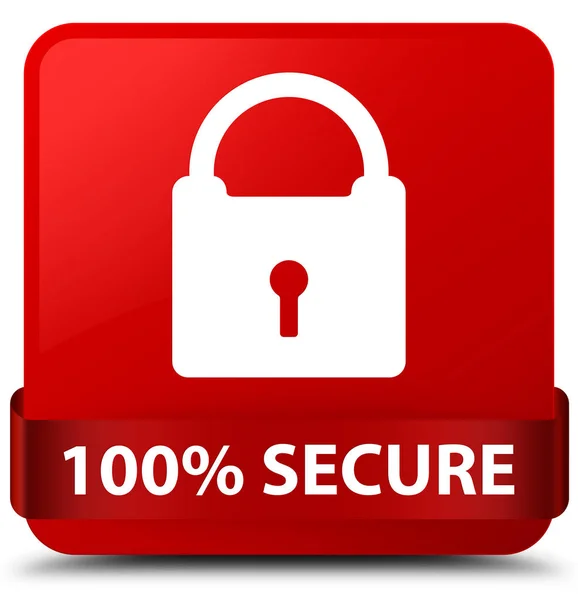 100% secure red square button red ribbon in middle — Stock Photo, Image