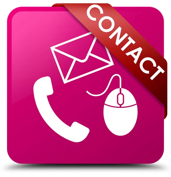 Contact (phone email and mouse icon) pink square button red ribb — Stock Photo, Image