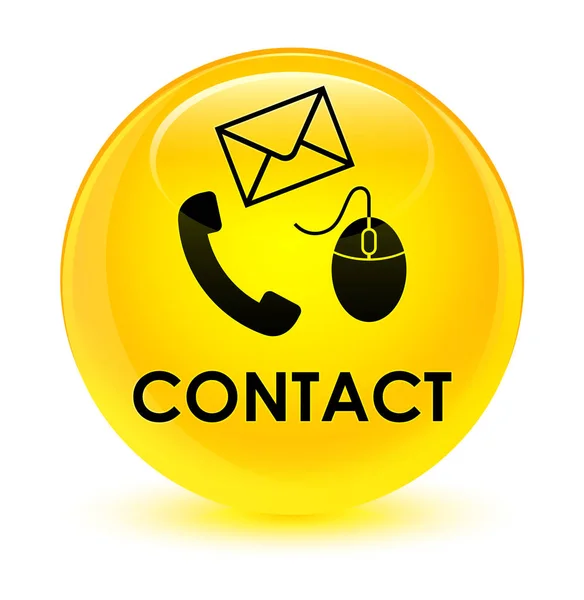 Contact (phone email and mouse icon) yellow glassy round button — Stock Photo, Image