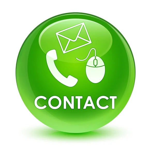 Contact (email du téléphone et icône de la souris) bouton rond en verre vert — Photo