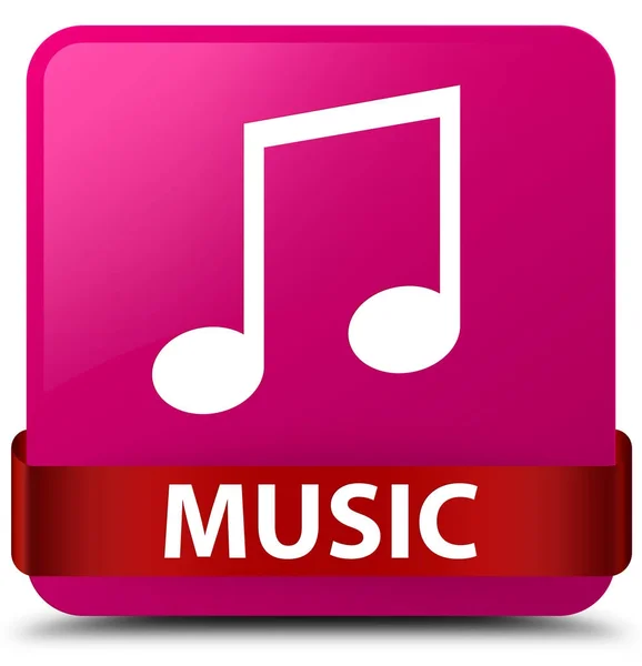 Música (icono de la melodía) botón cuadrado rosa cinta roja en el centro — Foto de Stock