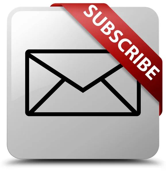 Zapisz się (e-mail ikona) biały kwadratowy przycisk czerwoną wstążką w rogu — Zdjęcie stockowe