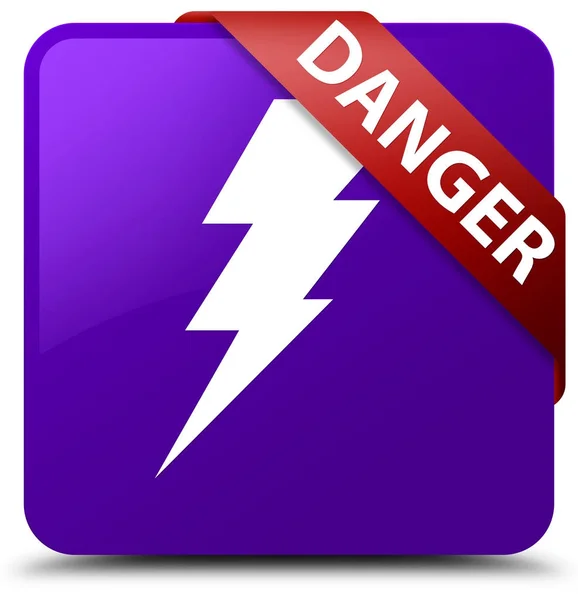 Danger (icône de l'électricité) violet bouton carré ruban rouge en cor — Photo