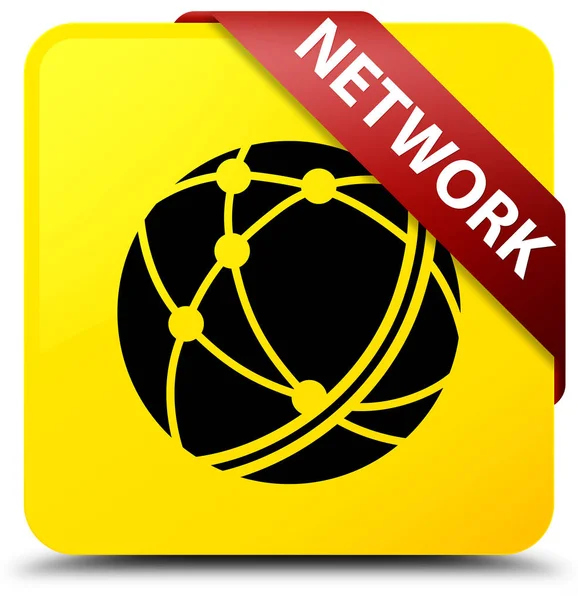 Rede (ícone de rede global) amarelo quadrado botão fita vermelha em — Fotografia de Stock