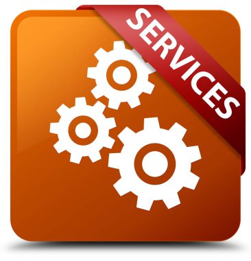 Hizmetleri (vites simgesi) kahverengi kare düğme kırmızı kurdele köşesinde