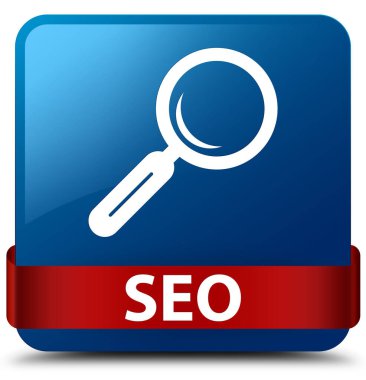 SEO mavi kare düğme kırmızı kurdele orta