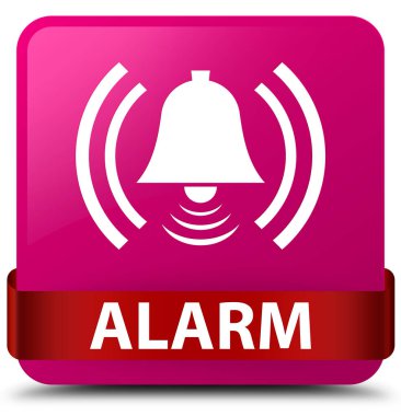 Alarm (zil simgesini) pembe kare düğme kırmızı kurdele orta
