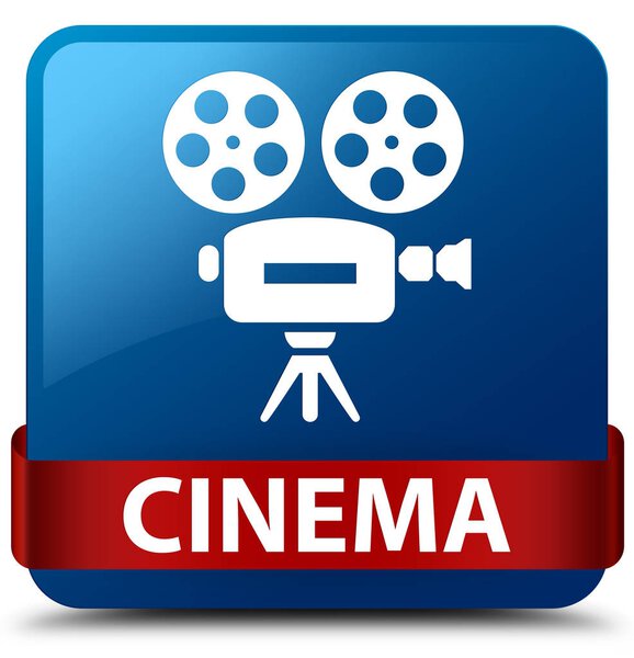 Cinema (video camera icon) isolated on blue square button with red ribbon in middle abstract illustration