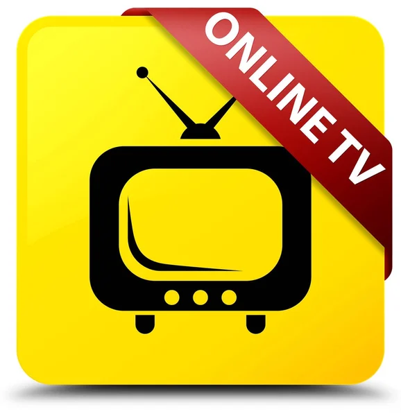Online tv żółty przycisk kwadratowy czerwoną wstążką w rogu — Zdjęcie stockowe