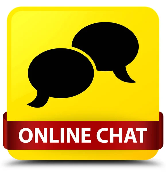 On-line chat žluté čtvercové tlačítko červenou stuhou uprostřed — Stock fotografie