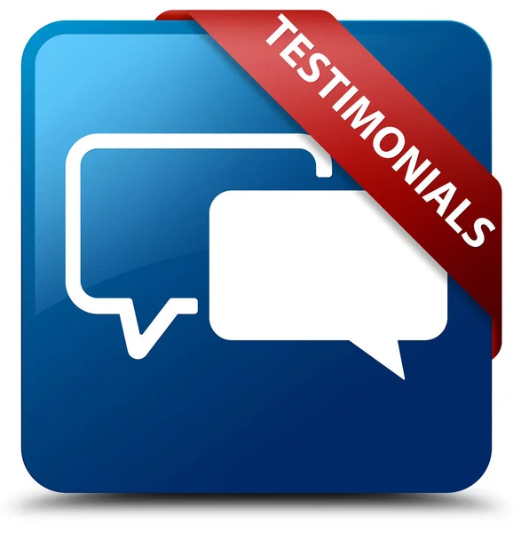 Testimonials blue square button red ribbon in corner — Stock Photo, Image