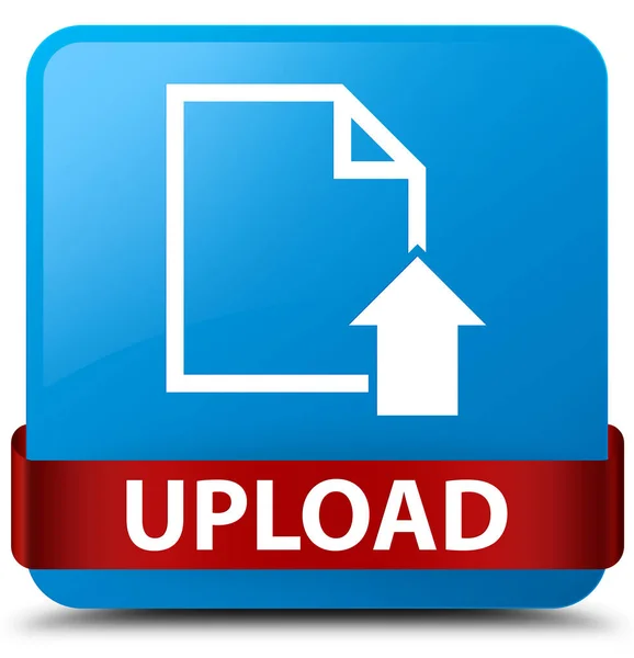 Upload (ikona dokumentu) cyan niebieski przycisk kwadratowy czerwoną wstążką w połowie — Zdjęcie stockowe