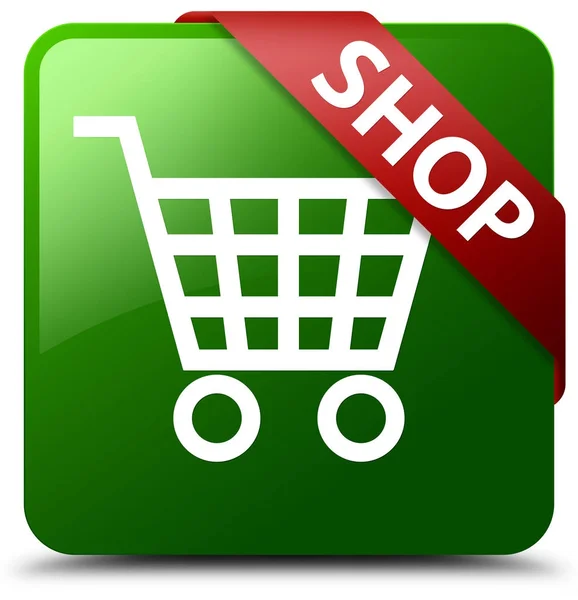 Shop grüner quadratischer Knopf rotes Band in der Ecke — Stockfoto