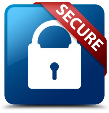 (Asma kilit simgesi) mavi kare düğme kırmızı kurdele köşesindeki güvenli