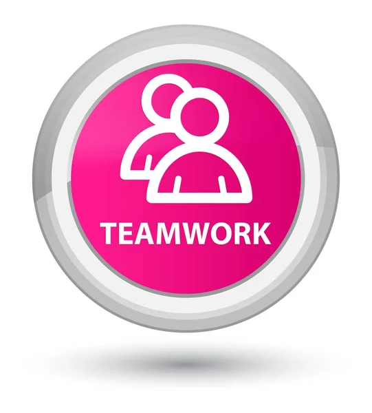 Trabalho em equipe (ícone de grupo) botão redondo rosa principal — Fotografia de Stock