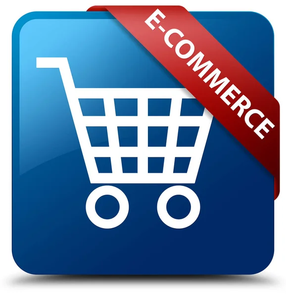 E-commerce niebieski kwadrat przycisk czerwoną wstążką w rogu — Zdjęcie stockowe