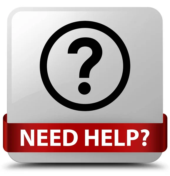 Potrzebujesz pomocy (pytanie ikona) biały kwadratowy przycisk czerwoną wstążką w midd — Zdjęcie stockowe
