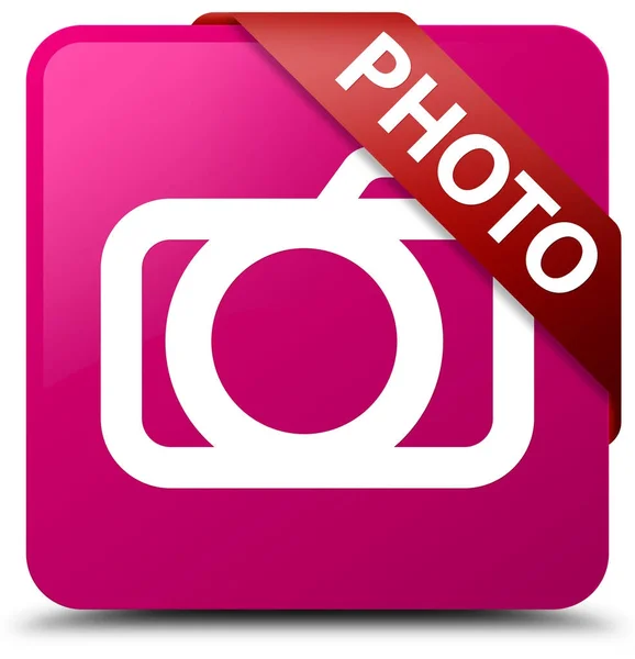 Photo (camera icon) pink square button red ribbon in corner — Stock Photo, Image