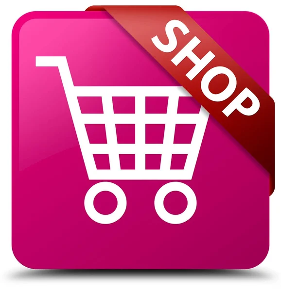 Shop pink square button red ribbon in corner — Stock Photo, Image