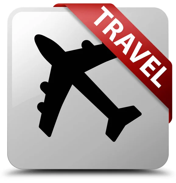 Подорожі (піктограма літака) біла квадратна кнопка червона стрічка в кутку — стокове фото