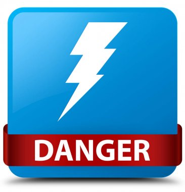 Tehlike (elektrik simgesi) camgöbeği mavi kare düğme kırmızı kurdele 