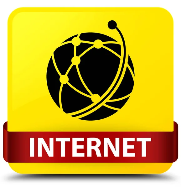 Internet (icône du réseau mondial) jaune bouton carré ruban rouge i — Photo