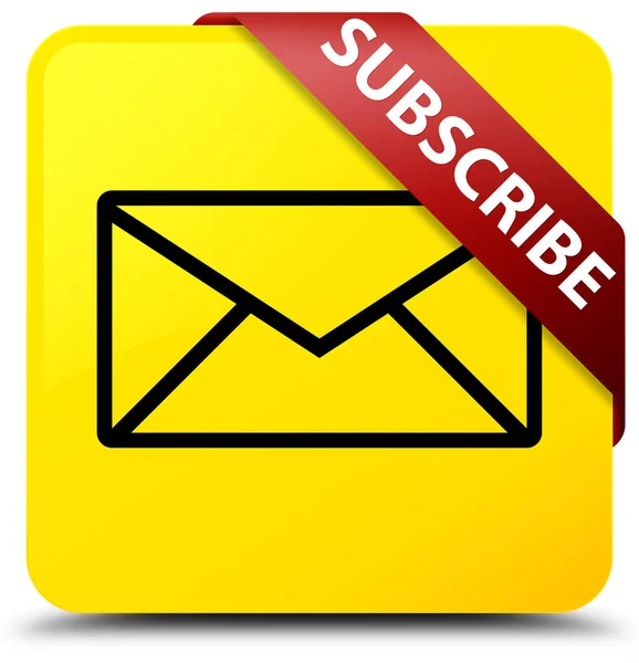 Subscribe (email icon) yellow square button red ribbon in corner — Stock Photo, Image