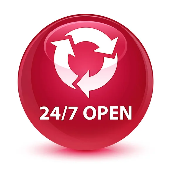 24/7 open glassy pink round button — Stock Photo, Image