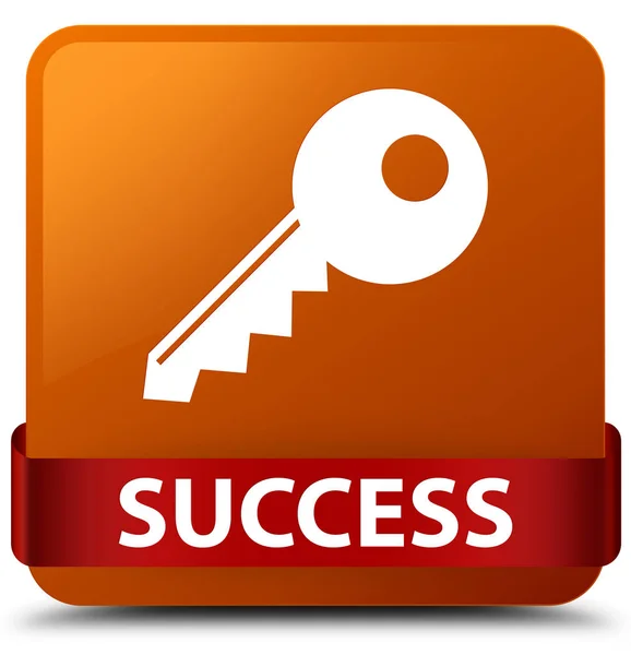 Úspěch (ikona klíče) hnědá čtvercové tlačítko červenou stuhou uprostřed — Stock fotografie