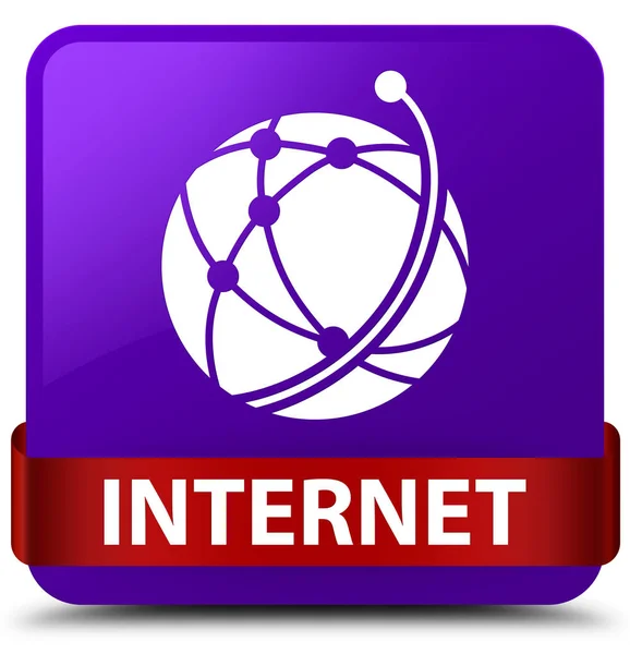 Internet (global network icon) purple square button red ribbon i — Stock Photo, Image