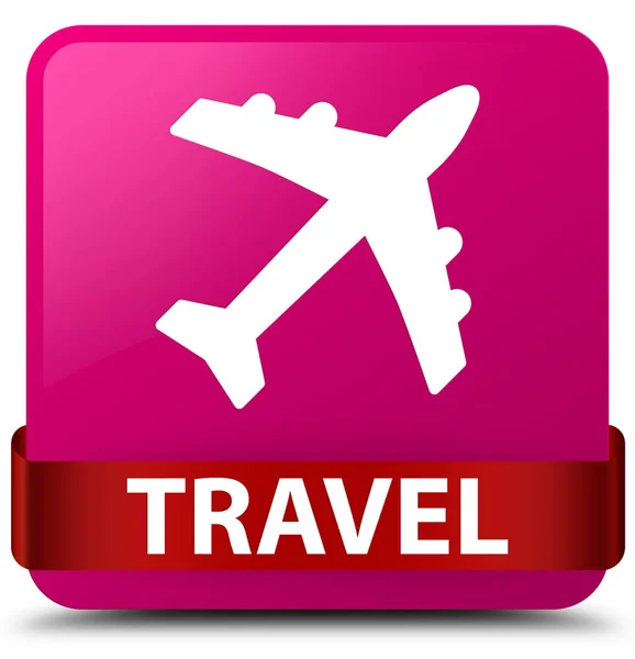 Viaje (icono de avión) botón cuadrado rosa cinta roja en el centro — Foto de Stock