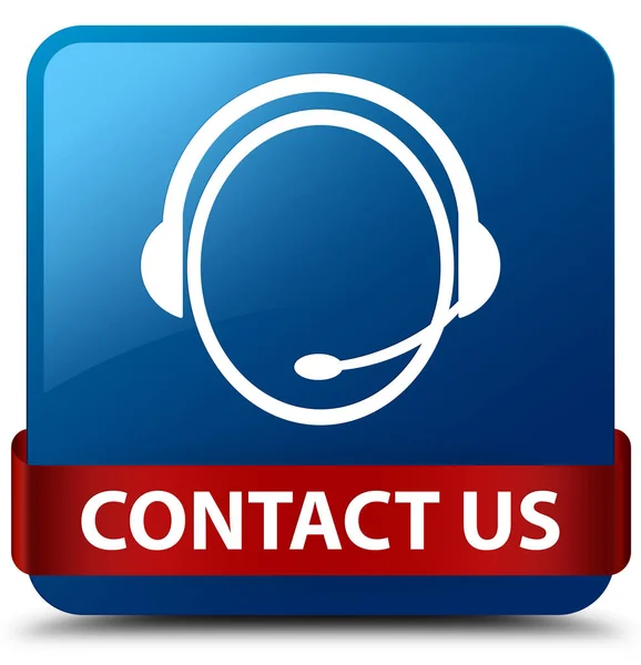 Contact us (customer care icon) blue square button red ribbon in — Stock Photo, Image