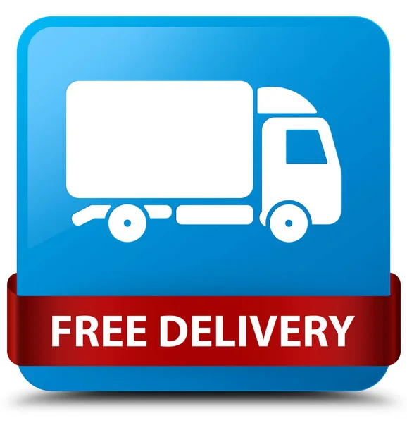 Free delivery cyan blue square button red ribbon in middle — Stock Photo, Image