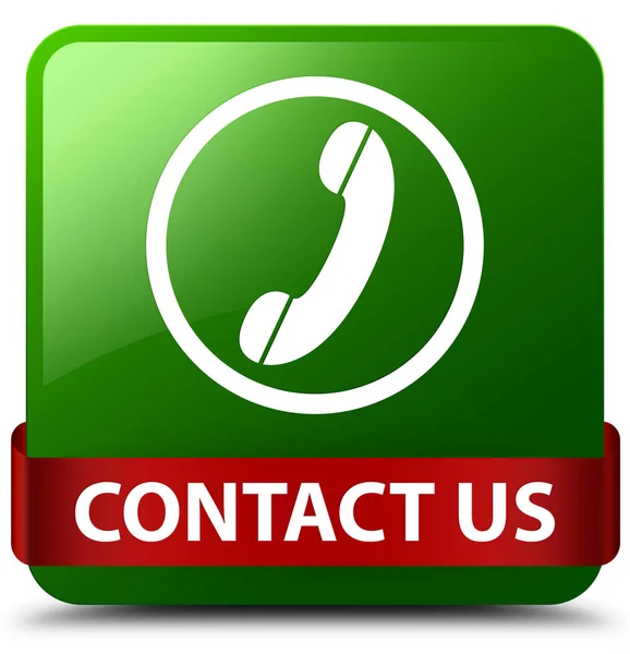 Skontaktuj się z nami (ikonę telefonu) zielony przycisk kwadratowy czerwoną wstążką w środku — Zdjęcie stockowe