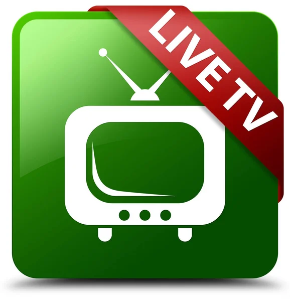 Live tv green square button red ribbon in corner — Stock Photo, Image