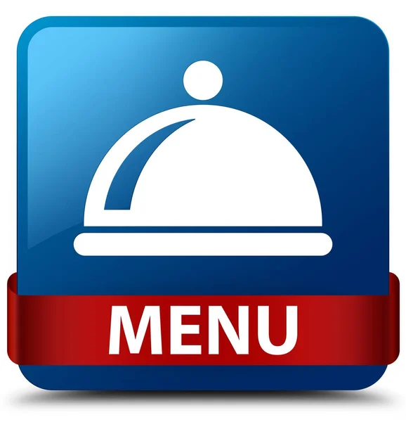 Menu (icona piatto alimentare) blu pulsante quadrato nastro rosso al centro — Foto Stock