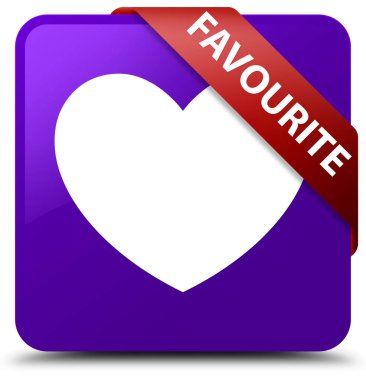 Favori (kalp simgesi) mor kare düğme kırmızı kurdele köşesinde