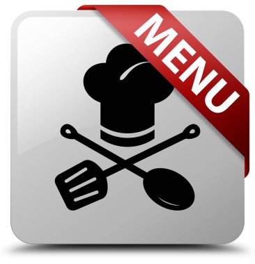 Menü (Restoran simgesi) beyaz kare düğme kırmızı kurdele köşesinde