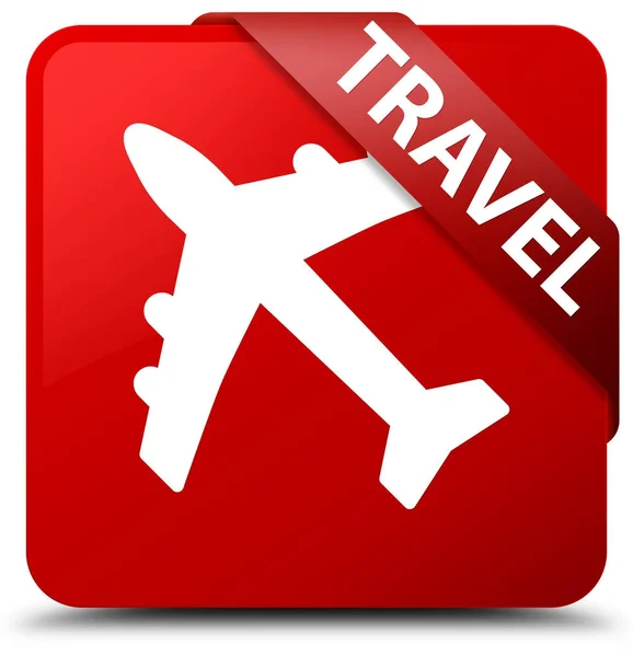 Viaje (icono de avión) botón cuadrado rojo cinta roja en la esquina —  Fotos de Stock