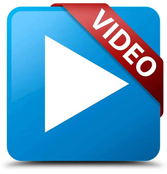 Video cyan blue square button red ribbon in corner — Stock Photo, Image