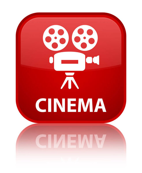 Cinema (video camera icon) isolated on special red square button reflected abstract illustration