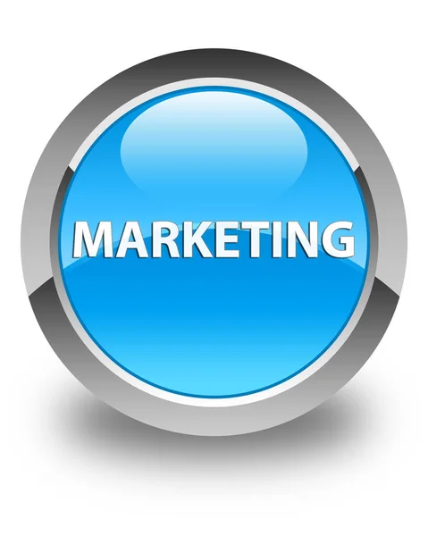 Bouton rond bleu cyan brillant marketing — Photo