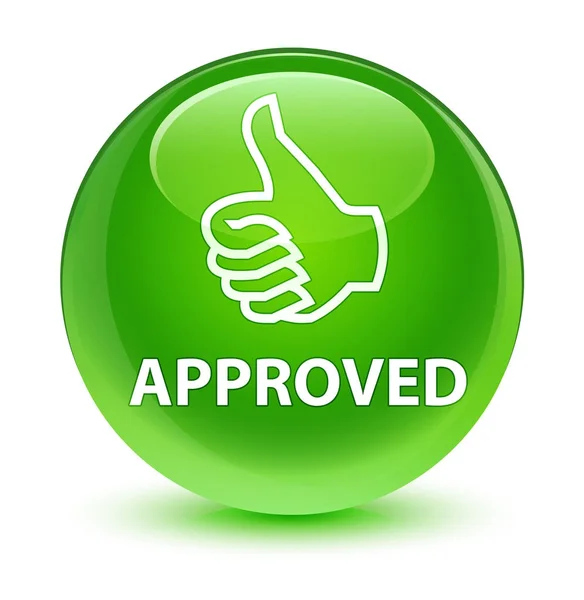 Approved (thumbs up icon) glassy green round button — Stock Photo, Image