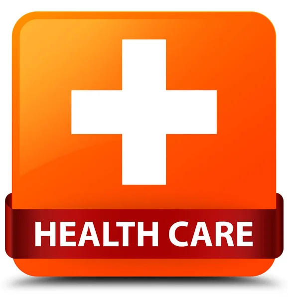Охорона здоров'я (плюс знак) помаранчева квадратна кнопка червона стрічка в середині ліжка — стокове фото