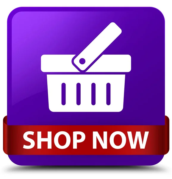 Shop now purple square button red ribbon in middle — Stock Photo, Image