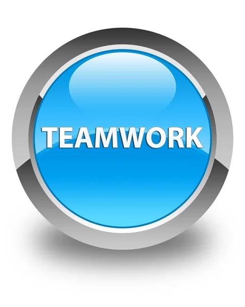 Teamwork glänzend cyanblau runder Knopf — Stockfoto