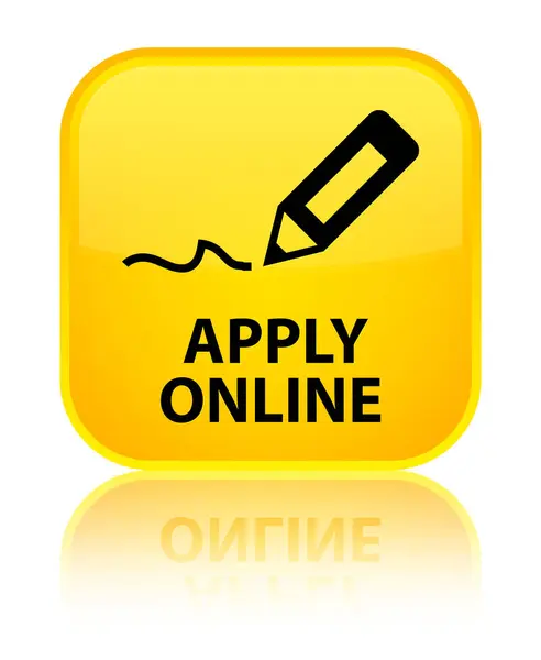 Aplicar on-line (editar o ícone da caneta) botão quadrado amarelo especial — Fotografia de Stock